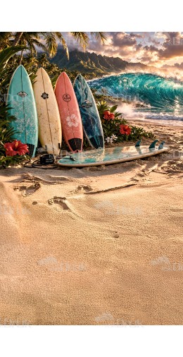 Tło fotograficzne „Deski surfingowe i fala oceanu o zachodzie słońca” | 4053